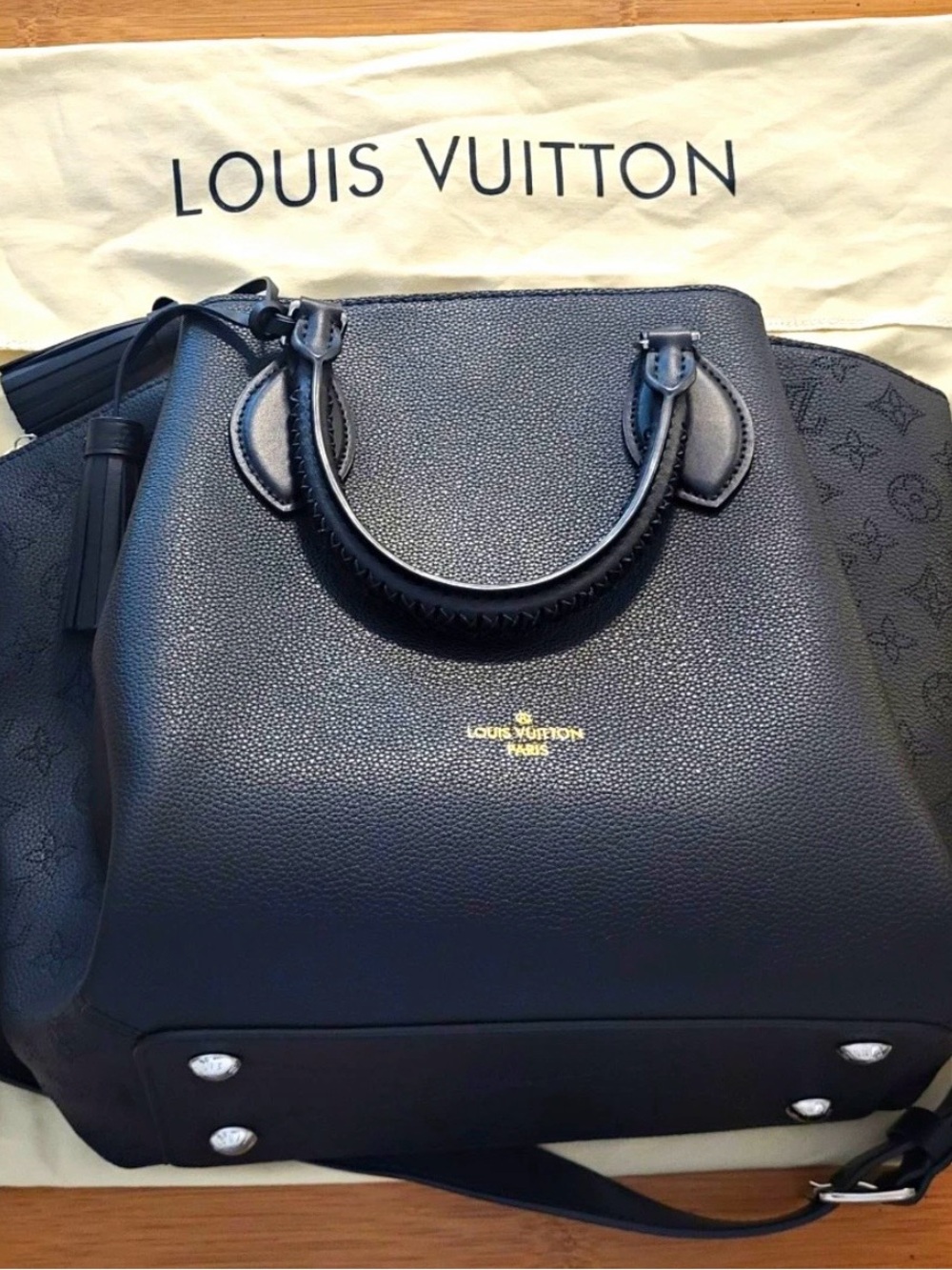 Louis Vuitton Black Pebbled Leather Tote with Gold Logo